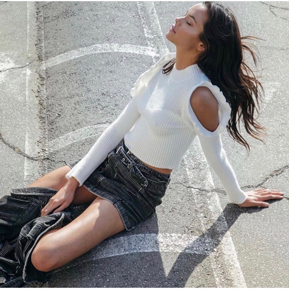 Ivory Cold Shoulder Ruffle Mock Neck Sweater